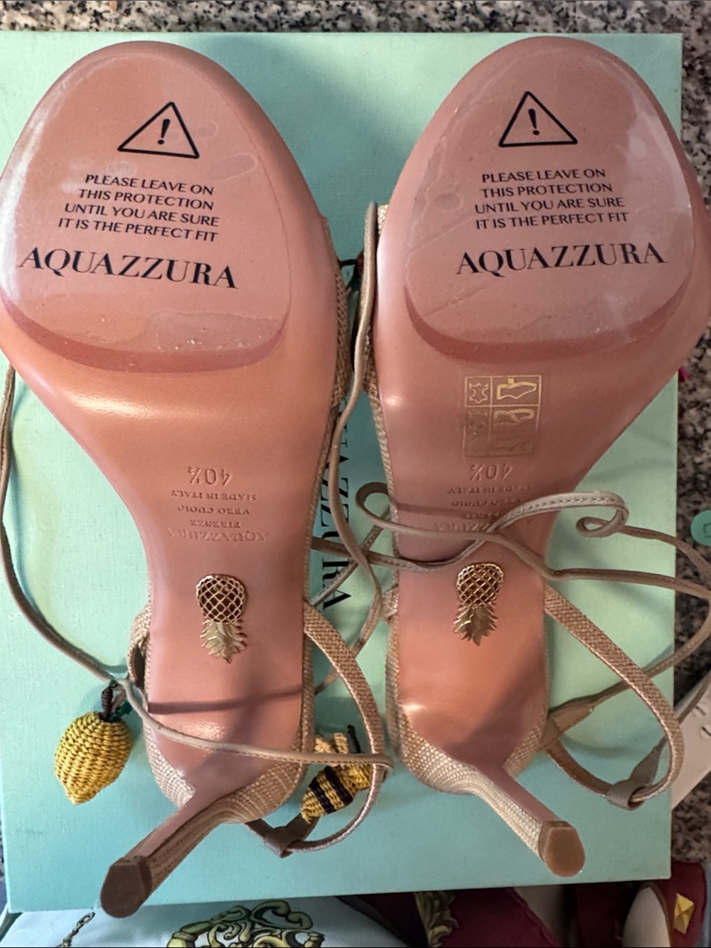 Aquazzura Tan Woven Lemon-Embellished Ankle-Tie Heels - Picture 3 of 5